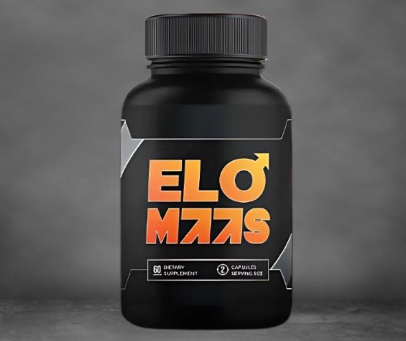 ELOMAAS male wellness supplement bottle on a dark gray background